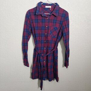 Lucid Pink Plaid Button-Up Belted Shirt Dress Medium Red & Blue Cotton Blend